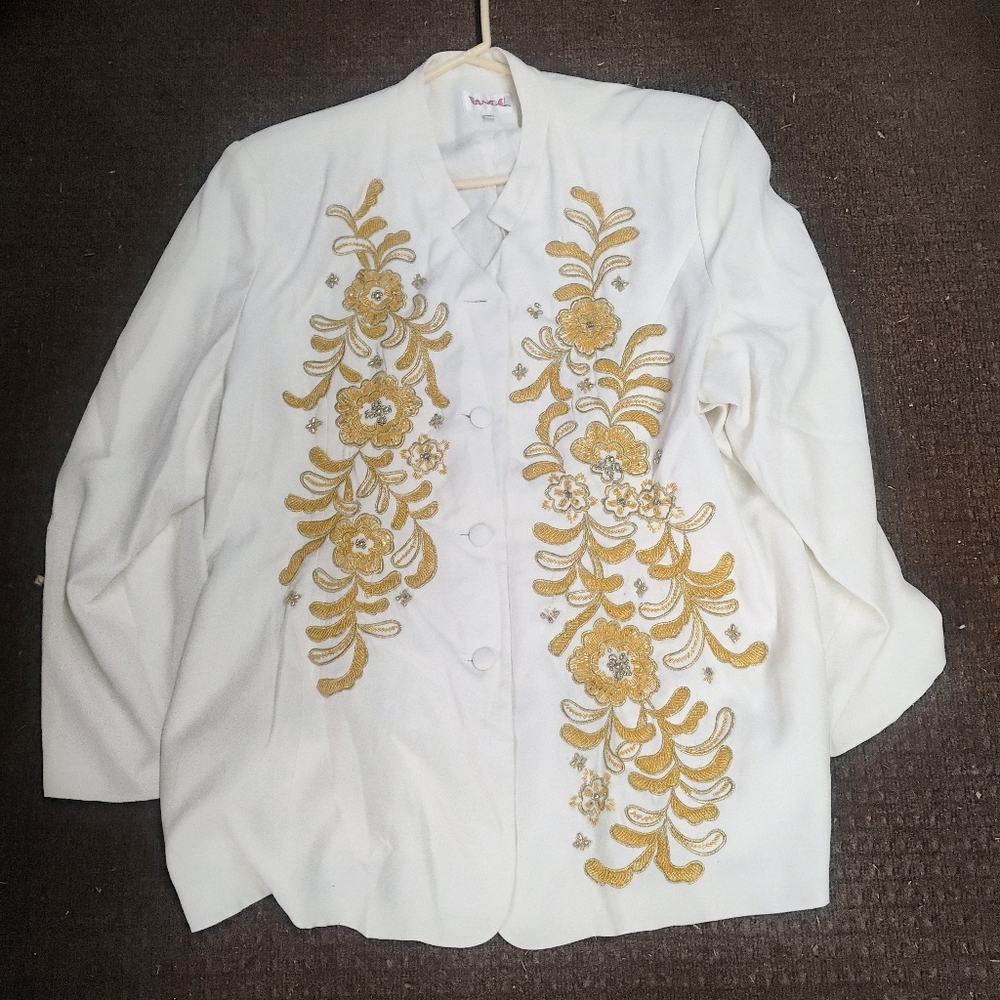 Vintage Oslo Women’s Plus Size 24 Ivory Gold Suit Embroidered Beaded Y2K Formal